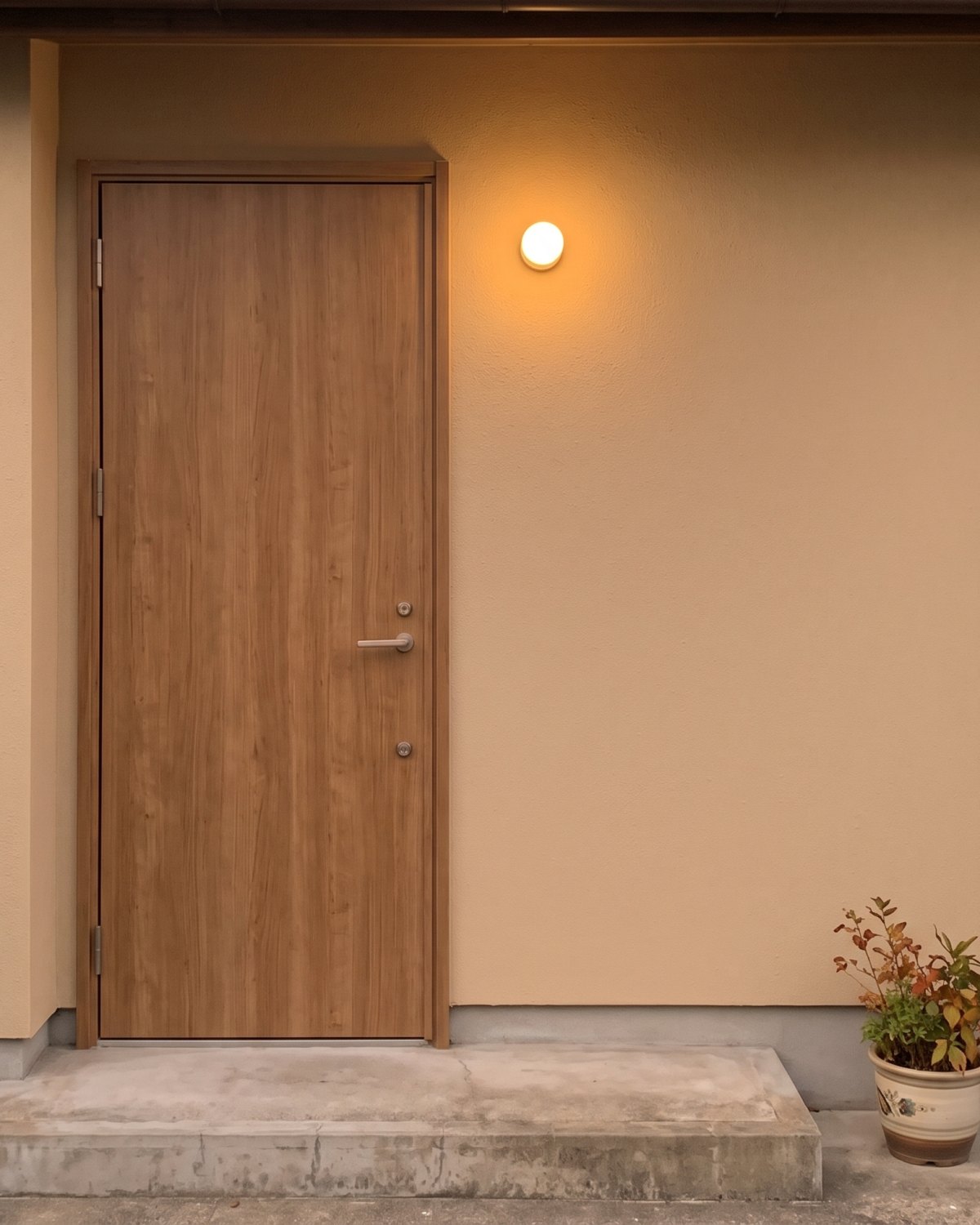 夕方、灯りがひとつ点いた、塗り替えたばかりの住宅の玄関まわり